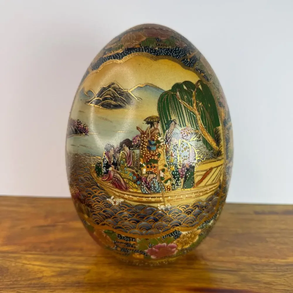 Satsuma Ceramic Egg Gold Trim Geisha Boat Landscape Asian Hand Painted